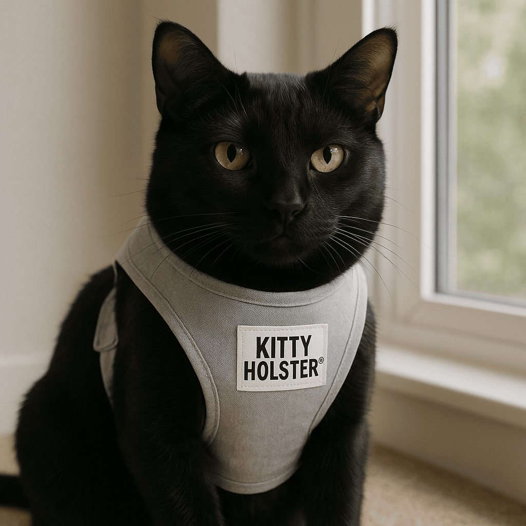 Black cat in Kitty Holster vest harness sitting calmly. One of the best smart cat harnesses 2025