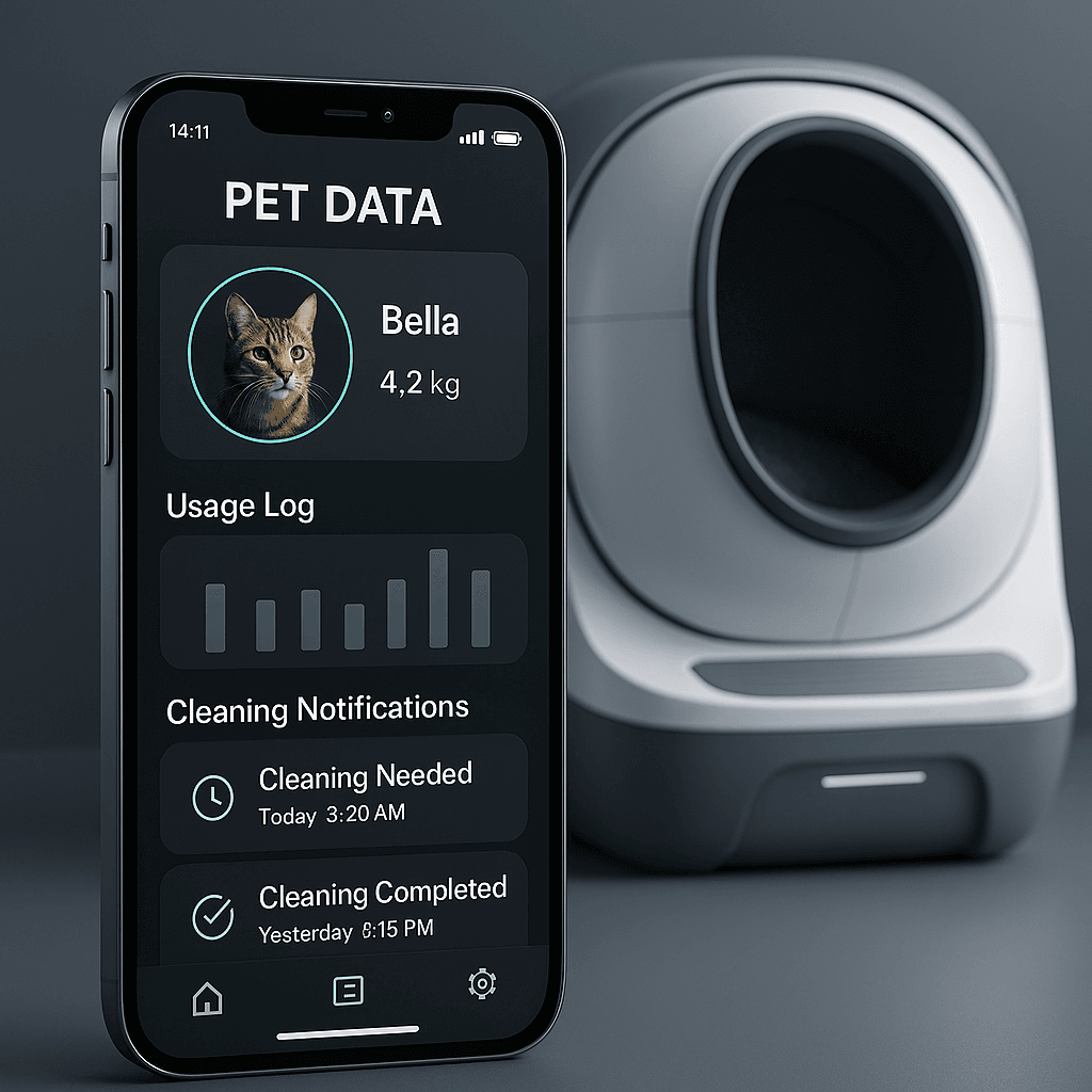 Whisker App interface controlling the Litter-Robot 4 with usage logs