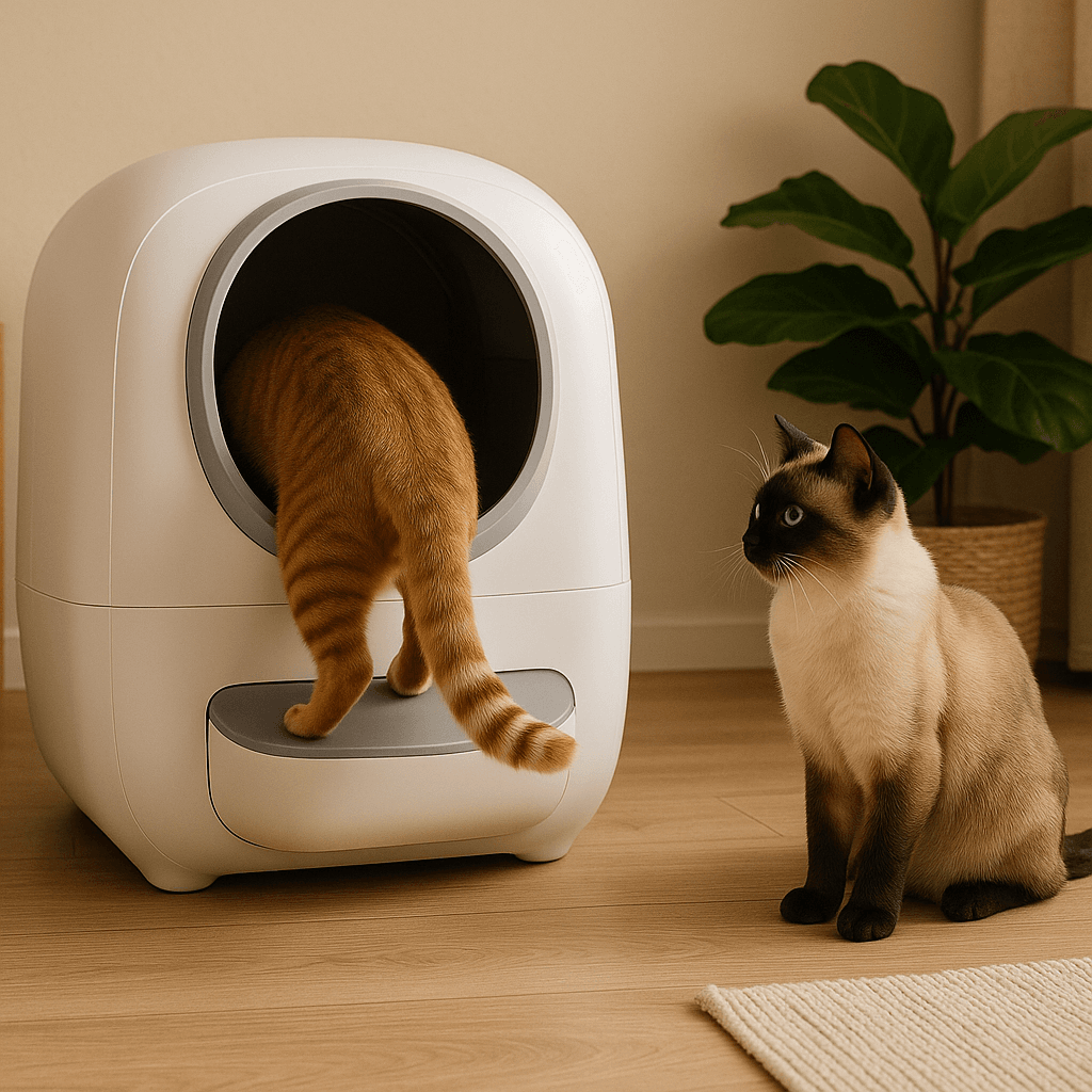 Two cats using the Litter-Robot 4 automatic litter box at home. Litter robot 4 review 2025