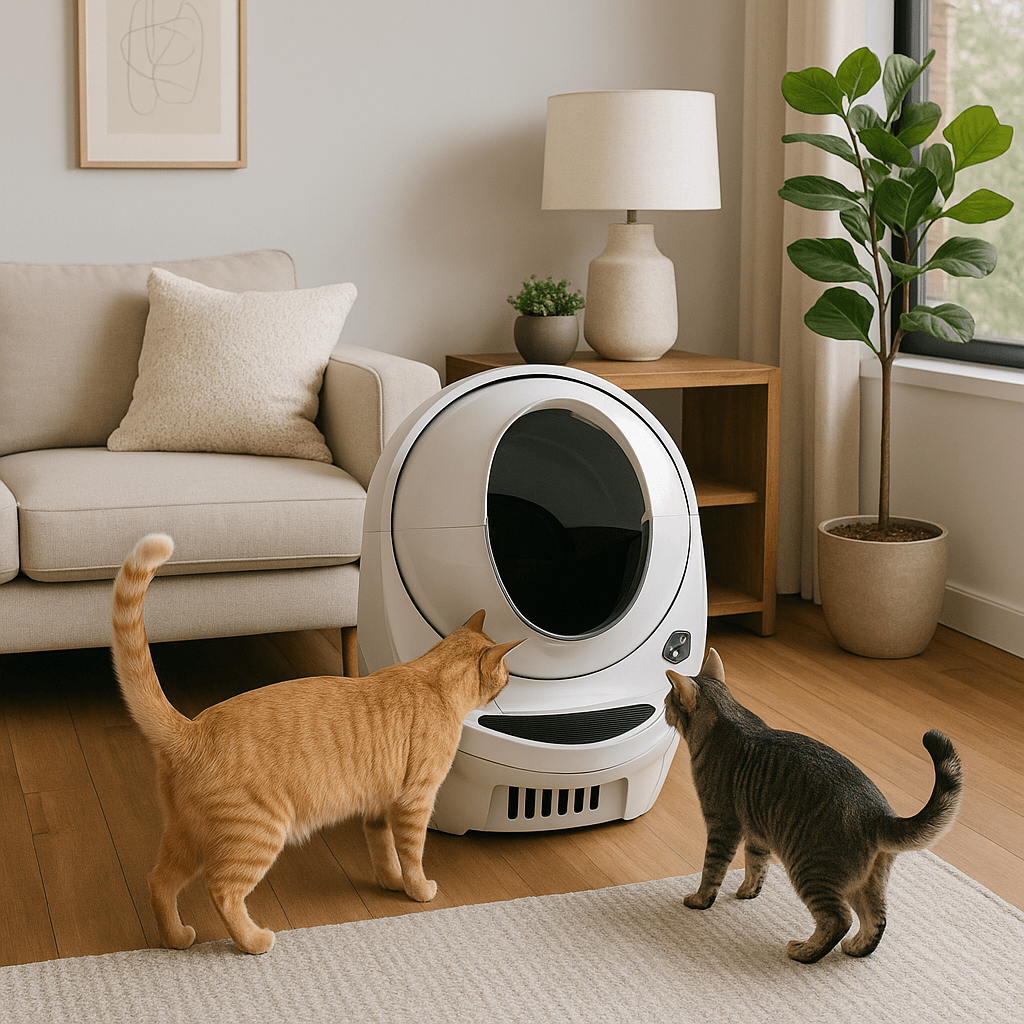 Two cats near a Litter-Robot 4 self-cleaning litter box. One of the best multi-cat tech solutions 2025