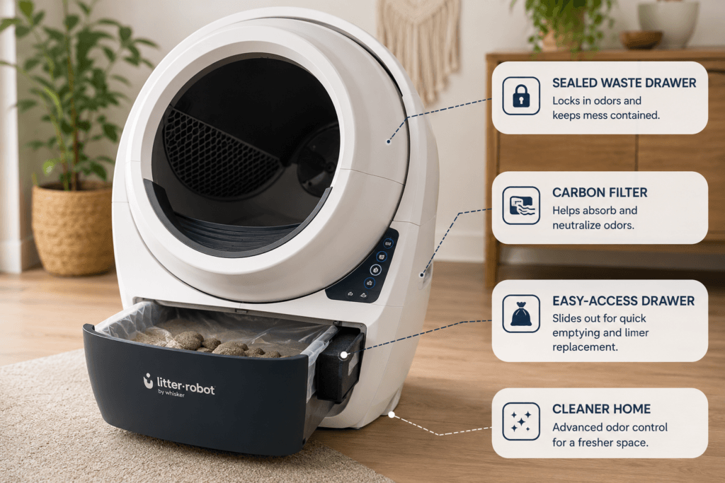 Large adult cat entering the wide opening of a Litter-Robot 4 automatic litter box.
