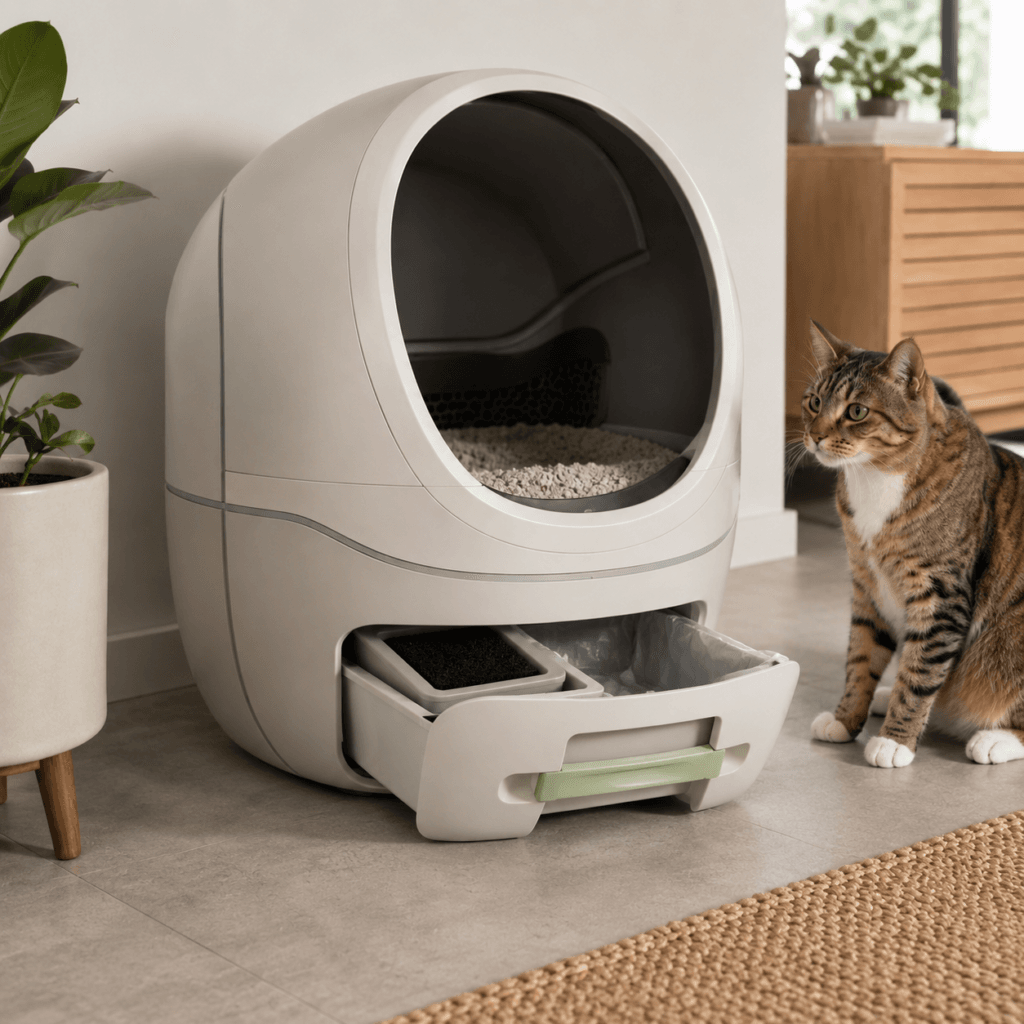 Litter-Robot 4 waste drawer with liner and carbon-filter odor-control system.