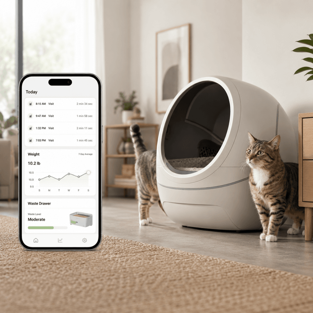 Whisker app displaying Litter-Robot 4 visit history, cat weight records and waste drawer information.