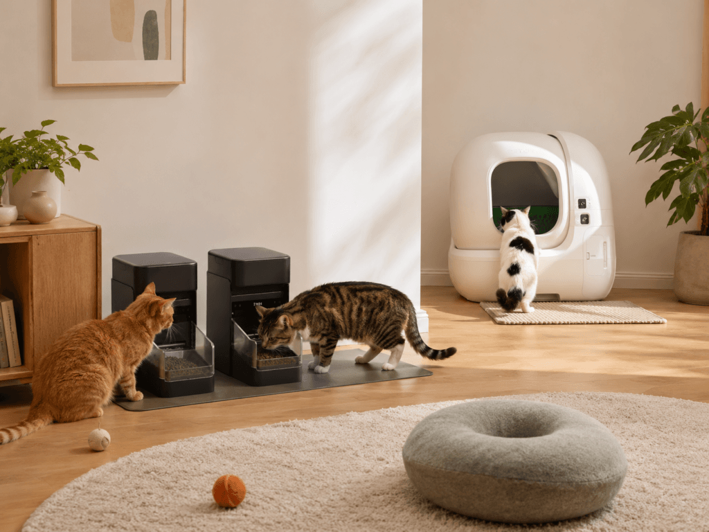 Three cats using separate feeding stations and an automatic litter box in different areas of a home