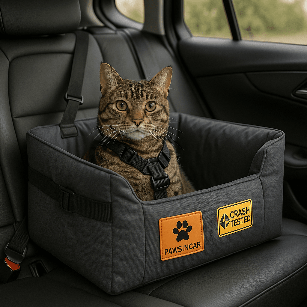 Cat in crash-tested Pawsincar car seat during car ride.