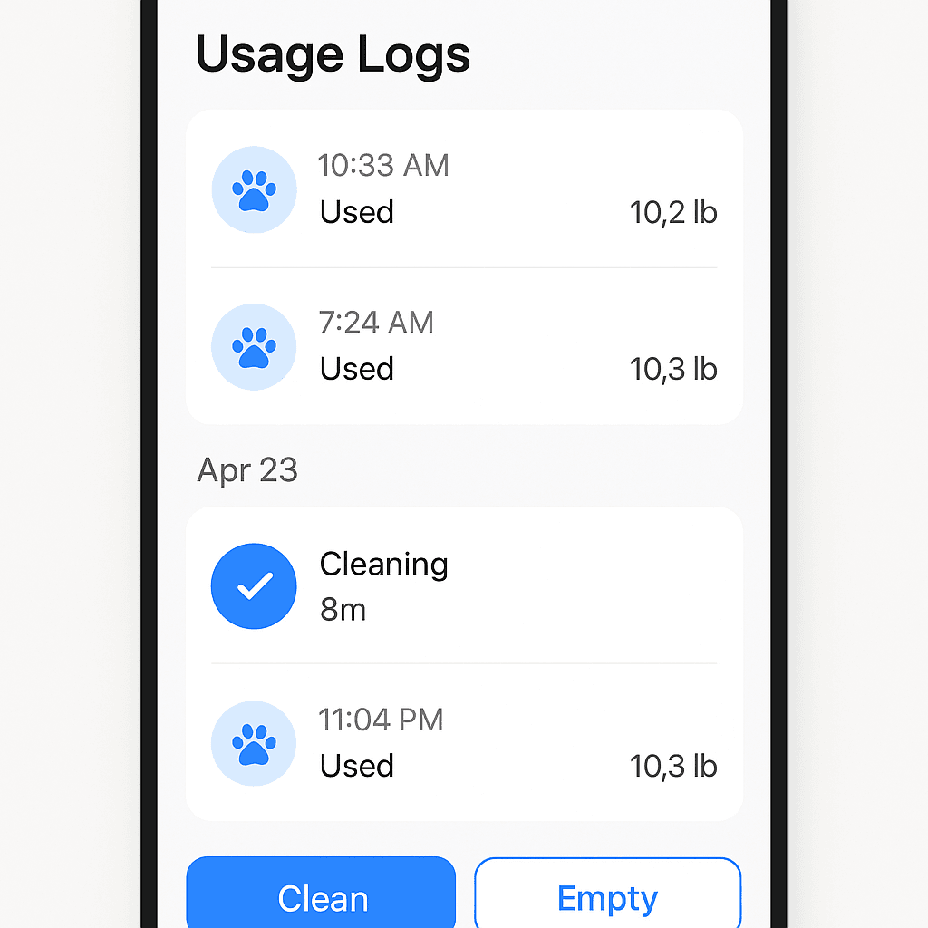 PETKIT App showing litter box usage logs and cleaning controls