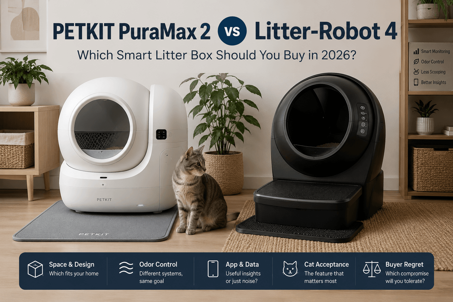A modern home litter area comparing two premium self-cleaning litter boxes with a cat nearby