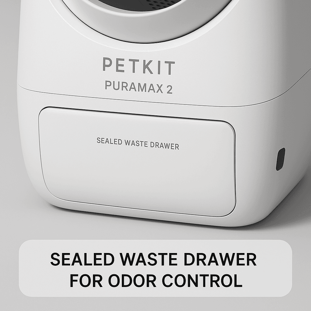 Sealed waste drawer of the PETKIT PuraMax 2 review 2025 for odor control