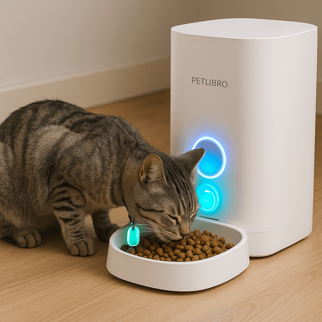Cat using a PETLIBRO RFID automatic feeder with collar tag.