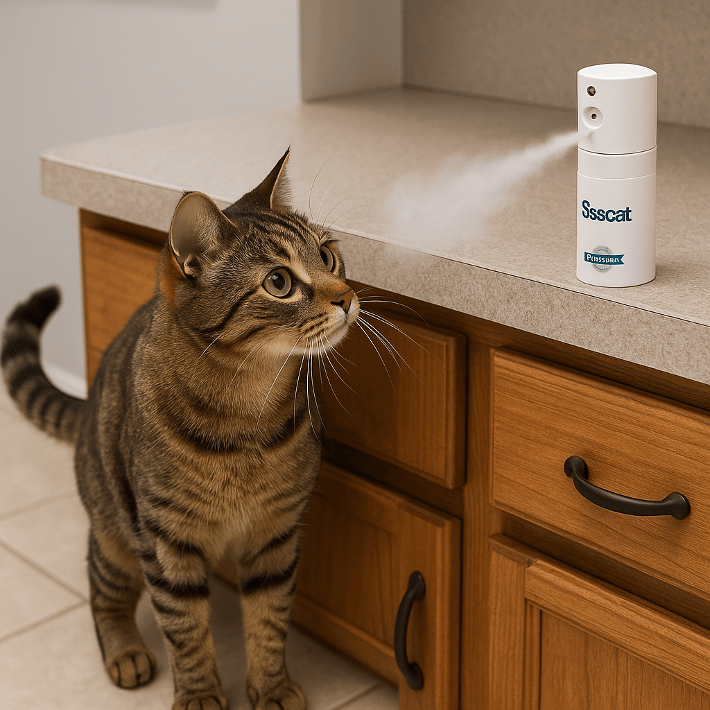 Cat startled by PetSafe Ssscat Spray deterrent near a countertop.