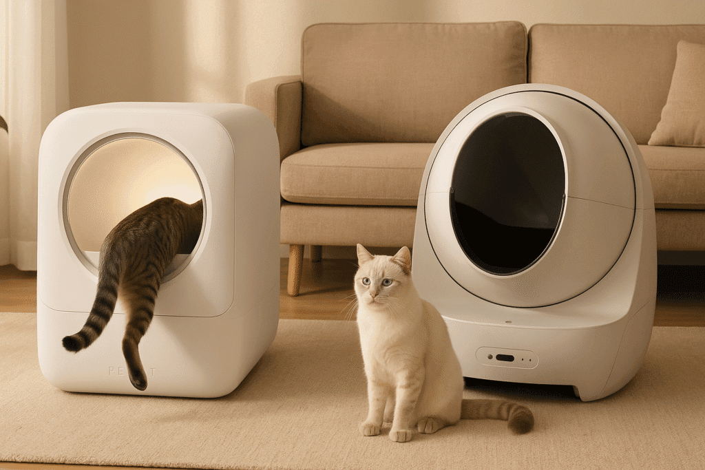 Two cats interacting with Petkit PuraMax 2 and Litter-Robot 4 automatic litter boxes 2025