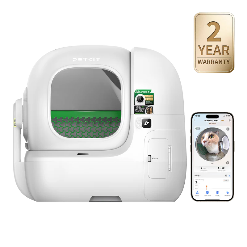 PETKIT Purobot Max Pro 2 automatic litter box shown with camera monitoring and PETKIT app