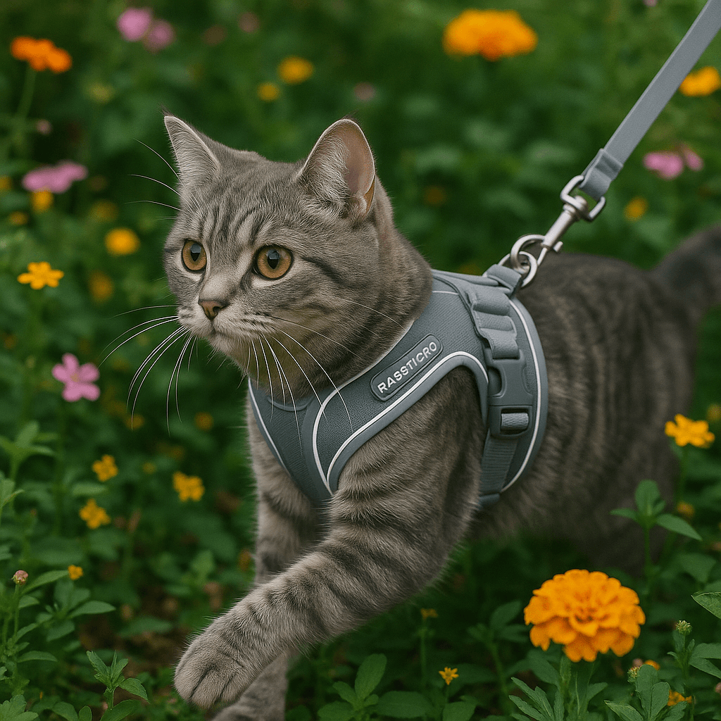 Gray tabby cat wearing a Rabbitgoo smart cat harness outdoors.