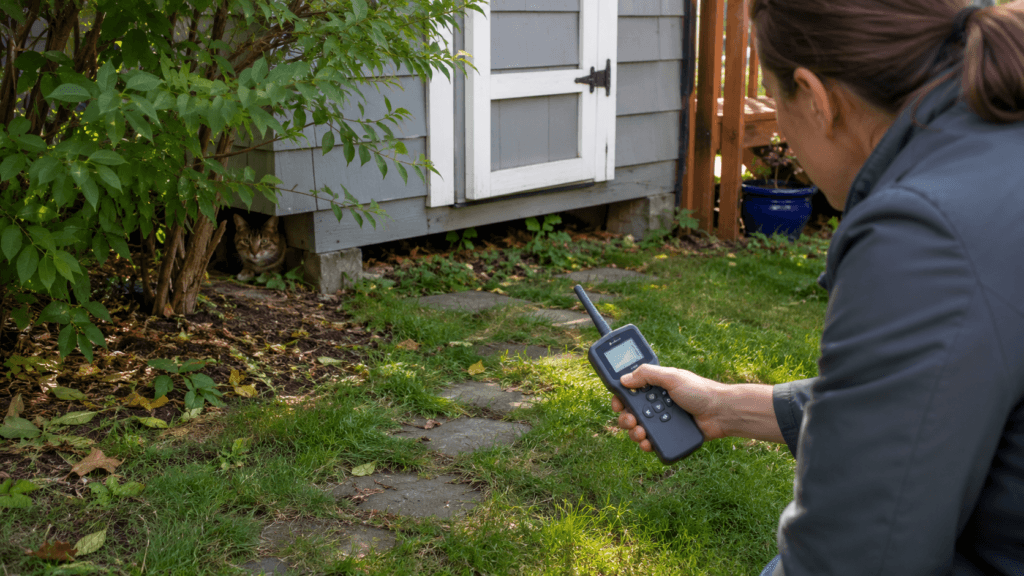 A person using a handheld radio-frequency finder near a garden shed while a cat hides nearby