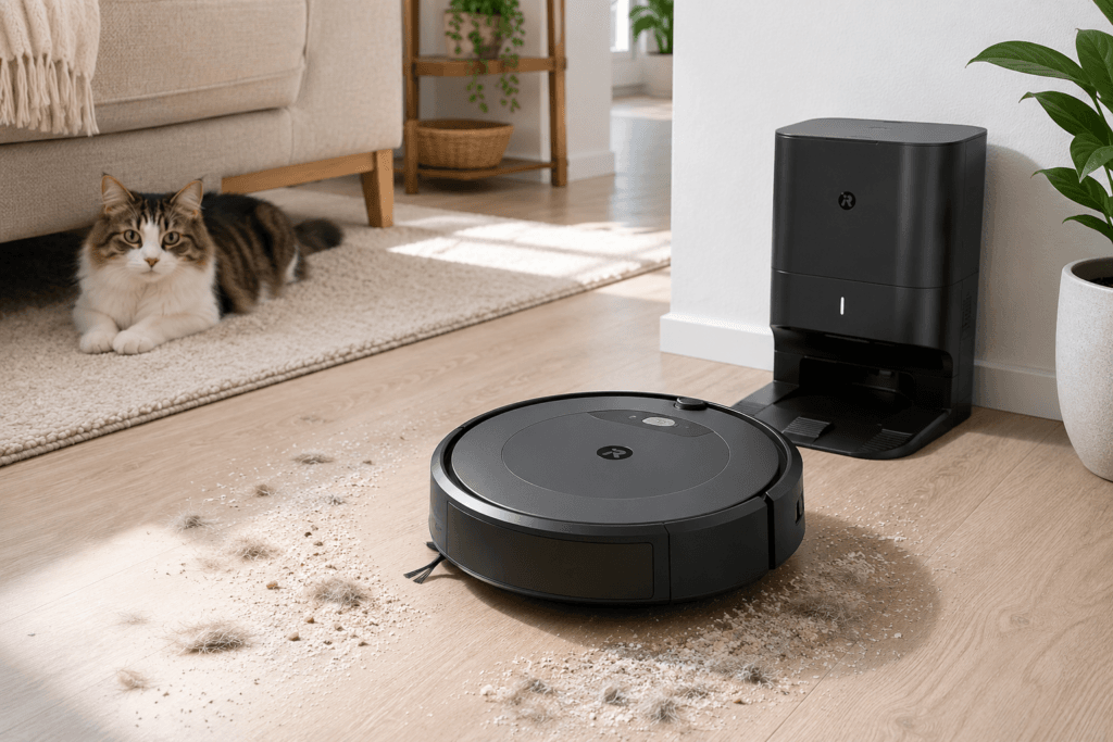 A robot vacuum cleaning cat fur and light debris from a hard floor while a cat rests nearby