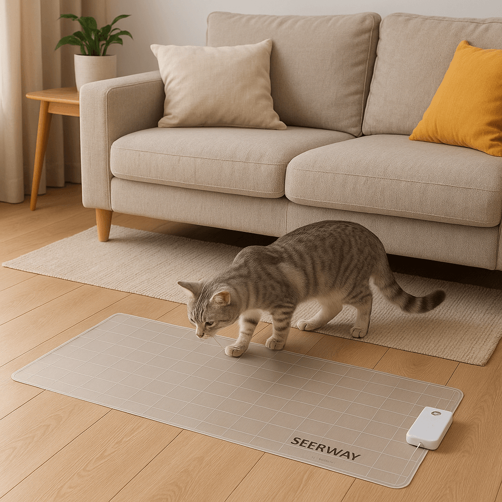 Cat sniffing SEERWAY Rechargeable Training Mat on the floor. Cat training tech 2025.