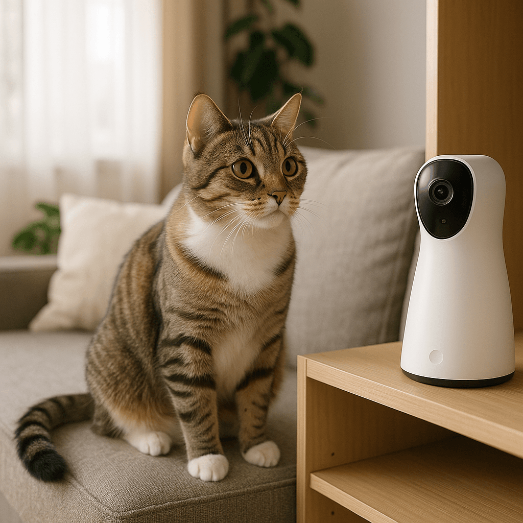 Domestic cat indoors looking at a modern smart cat camera on a shelf, representing 2025 smart pet technology.