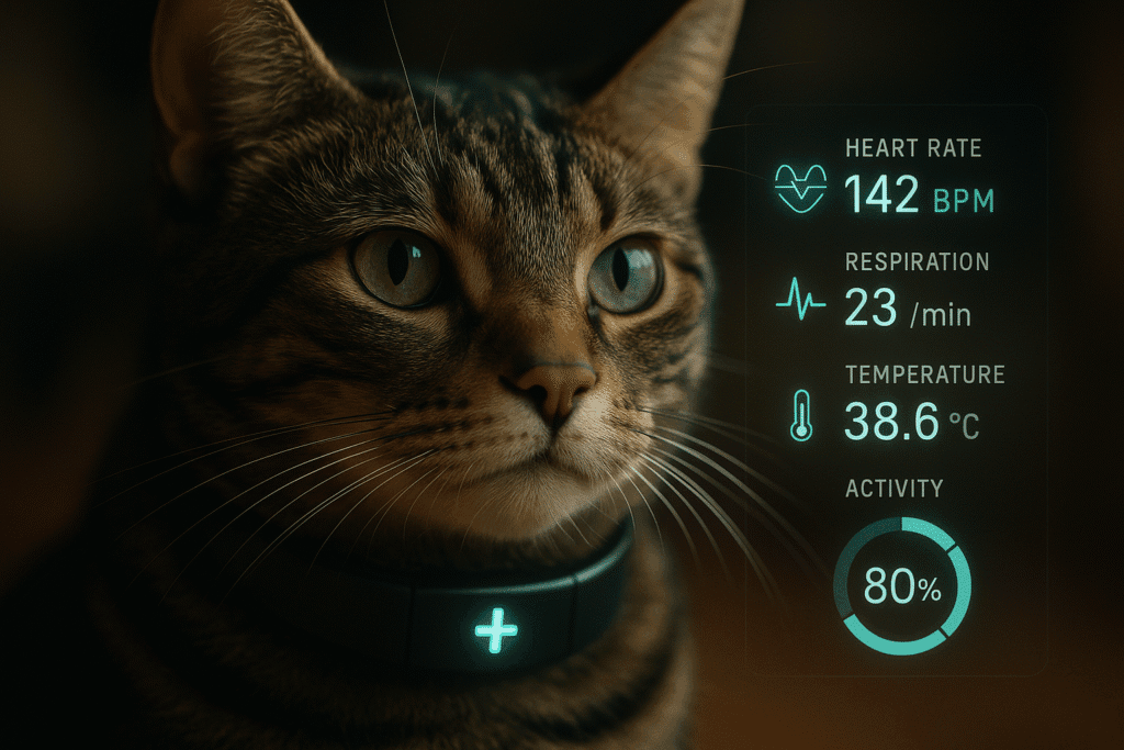 Cat wearing AI smart collar displaying biometric data overlay