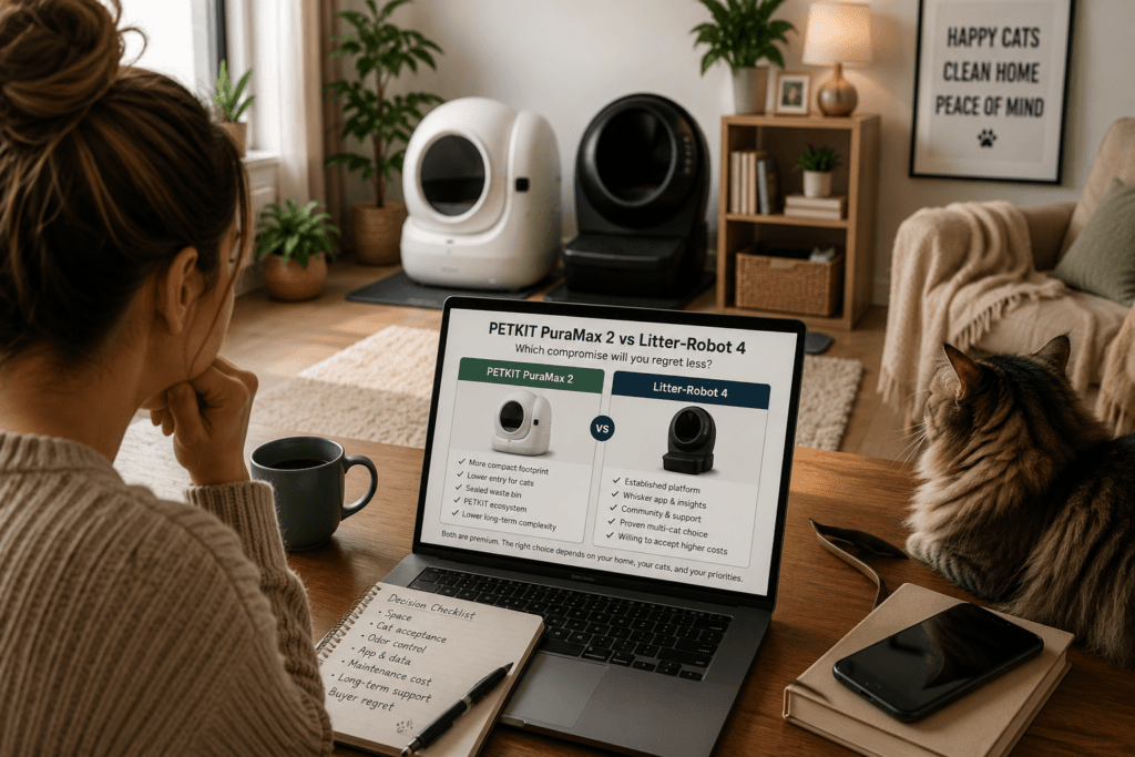 A cat owner comparing two smart litter box options on a laptop while a cat sits nearby in a modern home