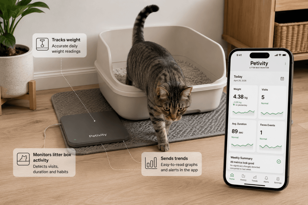 A cat stepping near a regular litter box with a discreet smart monitoring pad underneath in a clean home setting
