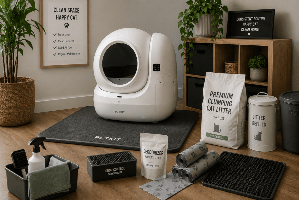 A clean litter room setup with a sealed waste drawer, litter mat, cleaning tools and air purifier nearby