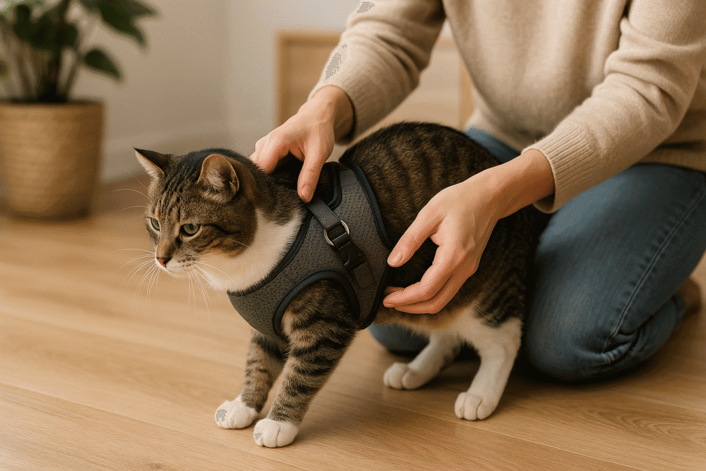 Person helping a cat step into a harness during indoor training.
