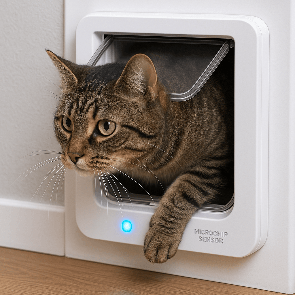 Tabby cat using a smart cat door with microchip sensor, pettech.