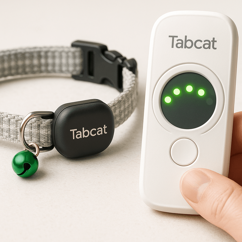 Tabcat tracker attached to a cat collar, showing tracking functionality on handheld Tabcat device