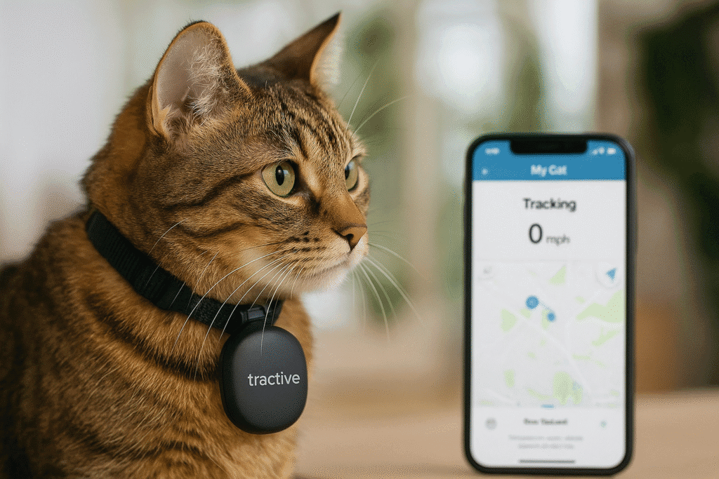 Tractive GPS tracker attached to a cat collar, showing real-time tracking on smartphone app. One of the best smart cat trackers 2025.
