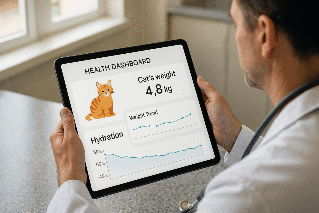 Veterinarian reviewing smart cat health monitor data on tablet
