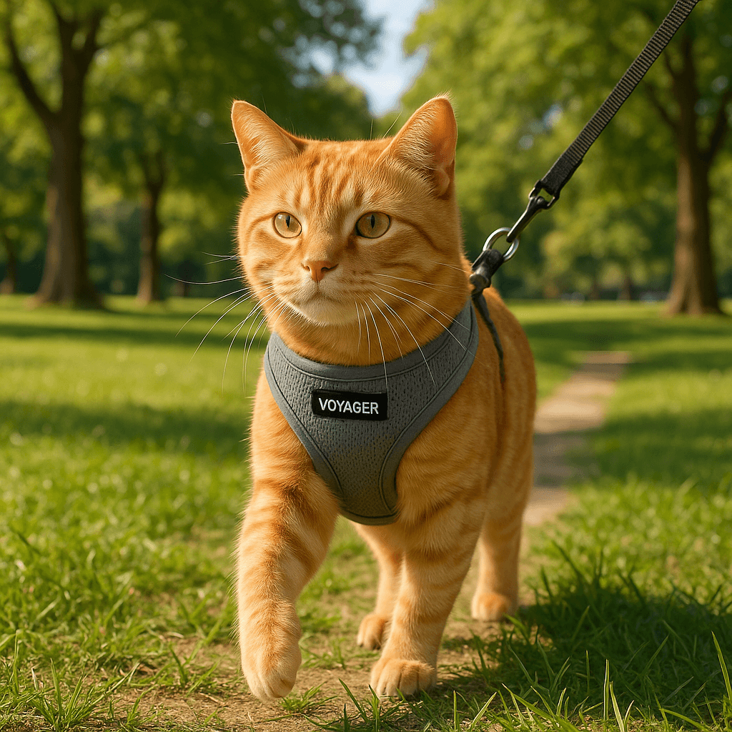 Orange cat in a Voyager step-in harness walking with owner.