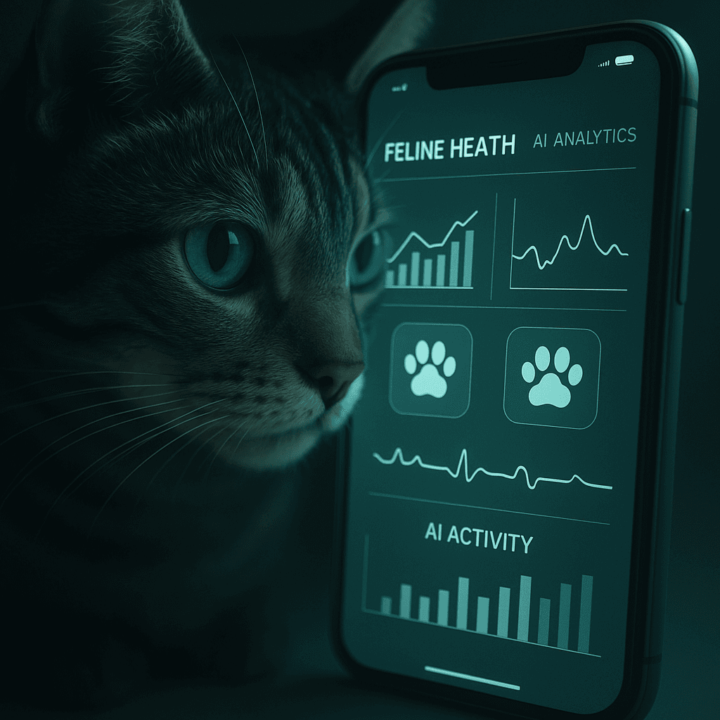Smartphone screen showing AI analytics about a cat’s health with reflection of the cat’s face.