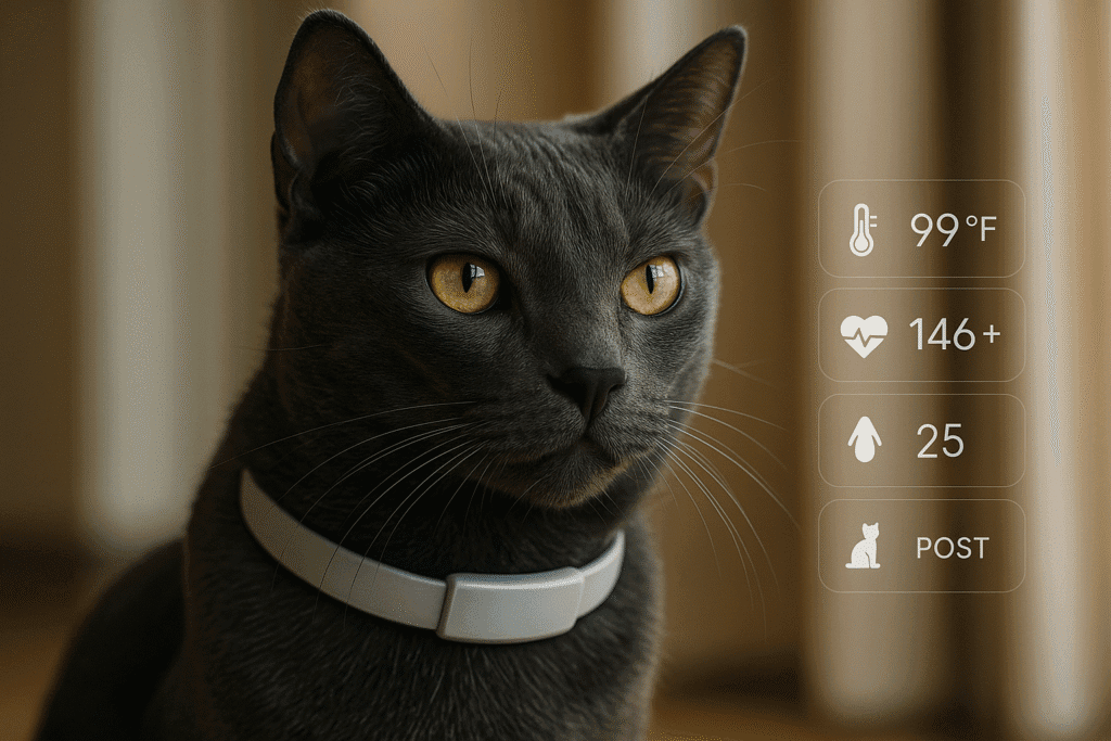 Cat wearing an AI health collar tracking vital signs