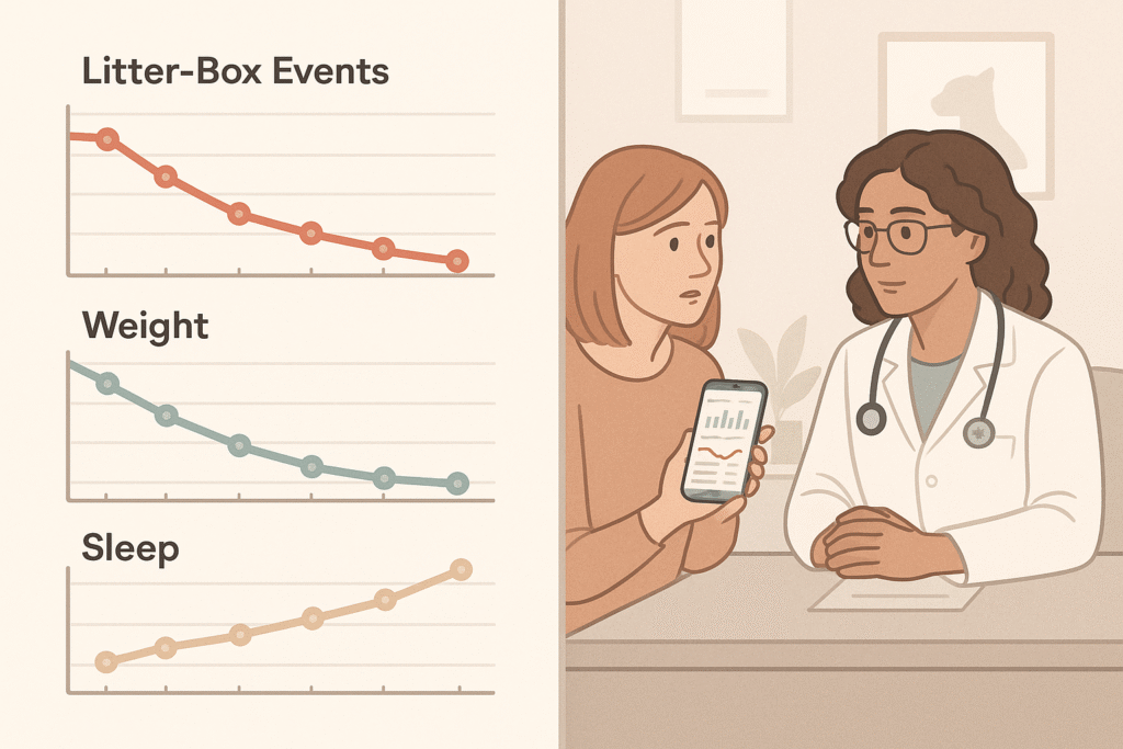 Using AI Cat Health trackers 2025 trends during a veterinary consultation.