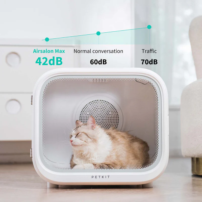 Cat inside the PETKIT AirSalon Max with a noise comparison showing a claimed operating level of 42 decibels.