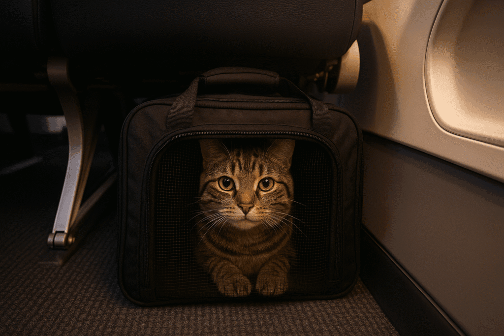 Airline-friendly soft carrier under a plane seat. Cat travel essentials 2025