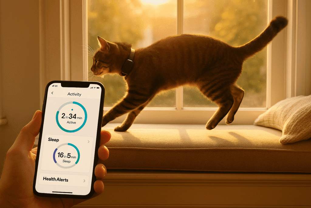 GPS cat tracker app showing activity, sleep, and health alerts.