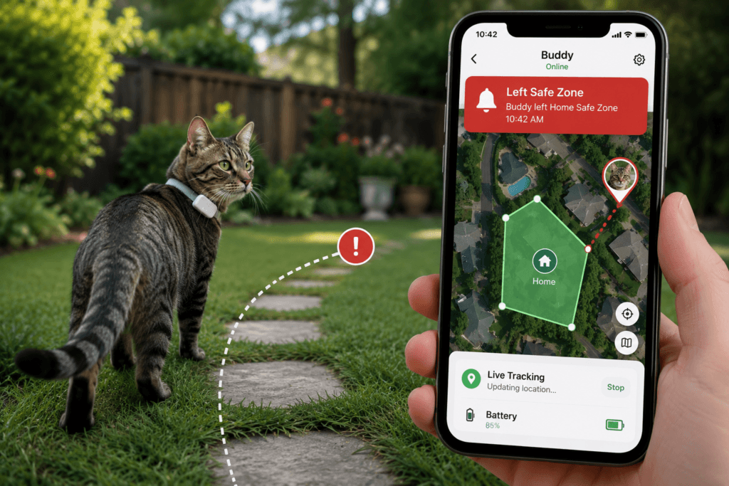 A smartphone showing a digital safe zone alert while a cat wearing a GPS tracker moves beyond a home area