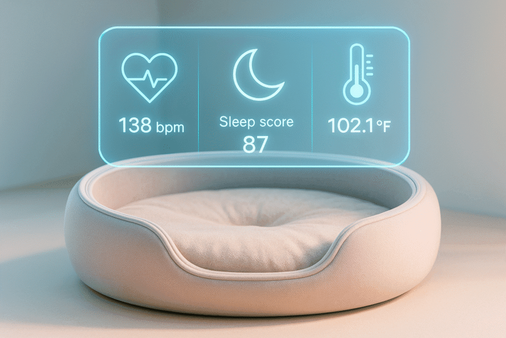 Close-up of a smart cat bed showing holographic health data like heart rate, sleep score, and temperature, symbolizing AI-driven feline wellness tracking.