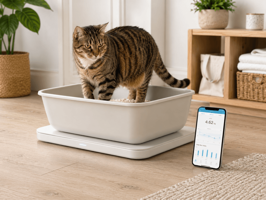 Cat standing in a litter box placed on a smart monitoring platform with weight and litter-use tracking on a phone app.