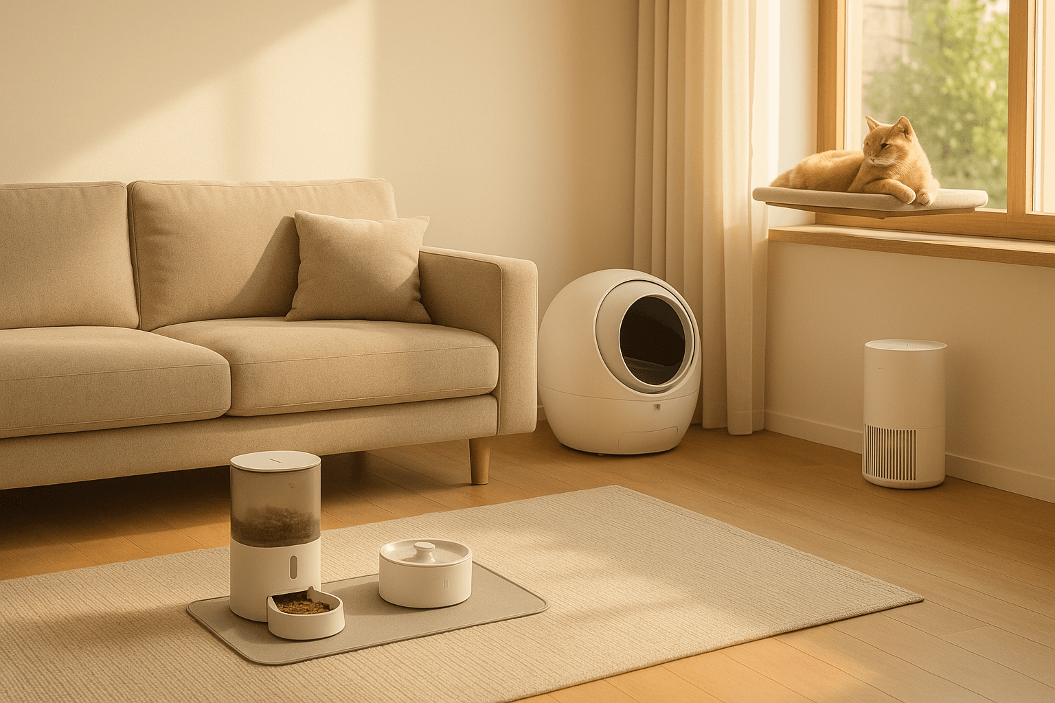 Calm cat in a smart home with feeder, fountain, litter box, and purifier.