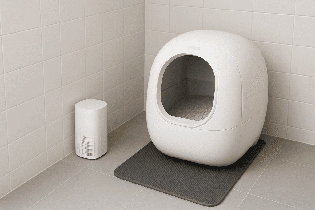 Smart litter corner with purifier for odor and dust control. Cat owner mistakes.