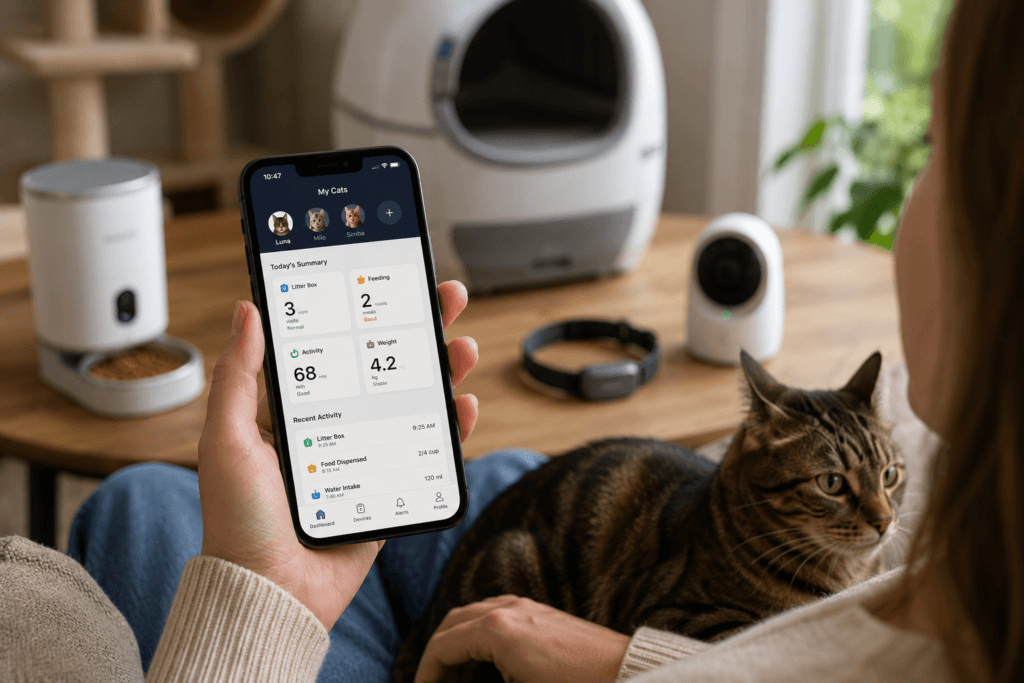 Cat owner reviewing feeding, litter, activity and weight records on a smartphone while holding a cat