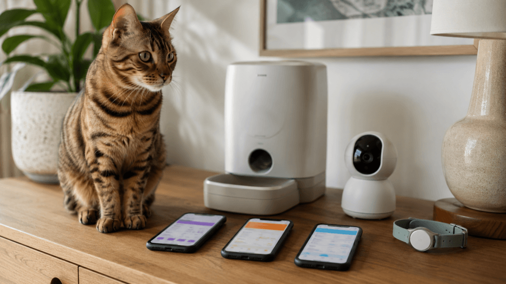 Cat beside three smartphones, an automatic feeder, pet camera and wearable tracker