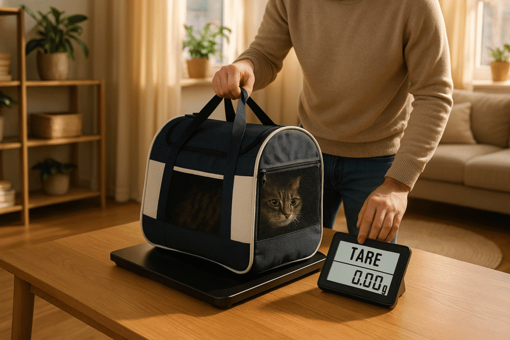 Weighing a cat using carrier minus tare for accuracy. Smart cat weight scales 2025.
