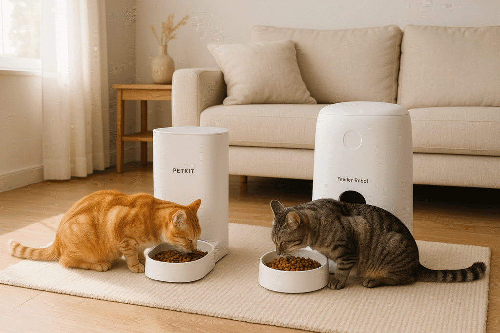 Two cats eating from PETKIT and Feeder-Robot feeders.
