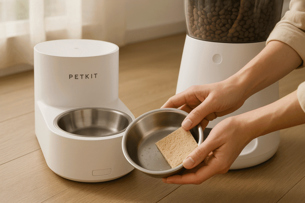 Cleaning PETKIT and Feeder-Robot feeders side by side.