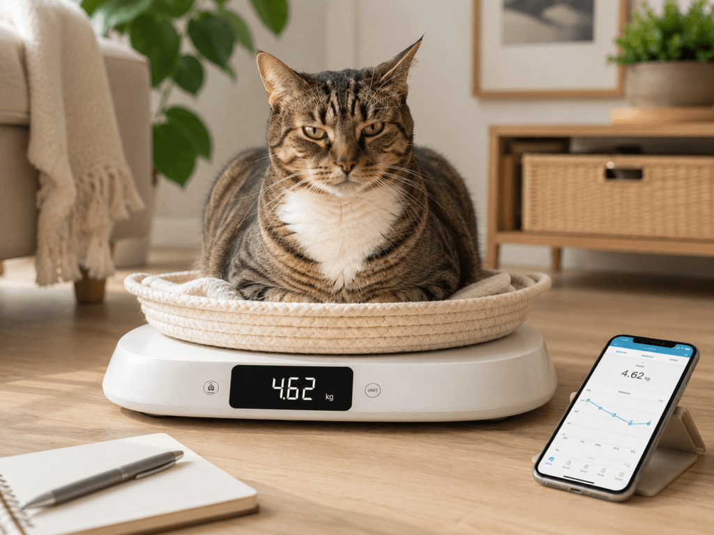 Cat resting in a basket on a digital pet scale during a controlled home weigh-in.