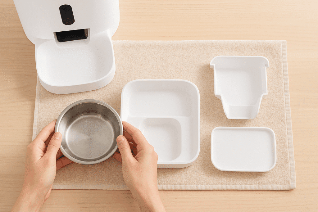Cleaning the Feeder-Robot: removable bowl and modular food path.