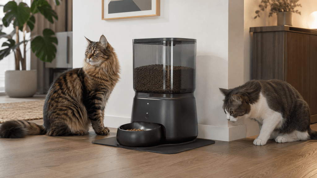 One cat eating from an automatic feeder while another reaches toward the bowl